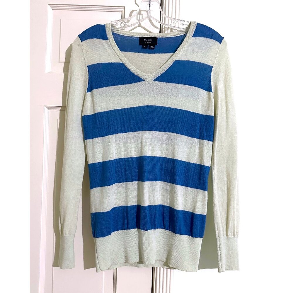 Barneys New York NY Co-op Stripe Sweater Merino Wool Mint Green Blue V Neck S